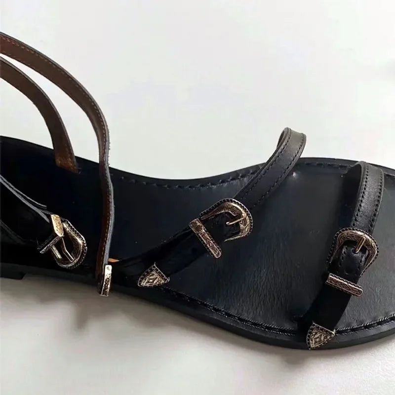 Multi Metal Buckle Design Flat Sandals Summer Open Toe Anklewrap Beach Roman Sandals Dress Shoes