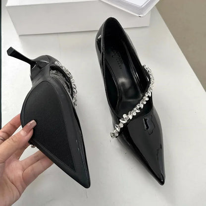 Rhinestone Decoration Pumps Pointed Toe Patent Leather Thin High Heels Party Dress Mules Shoes