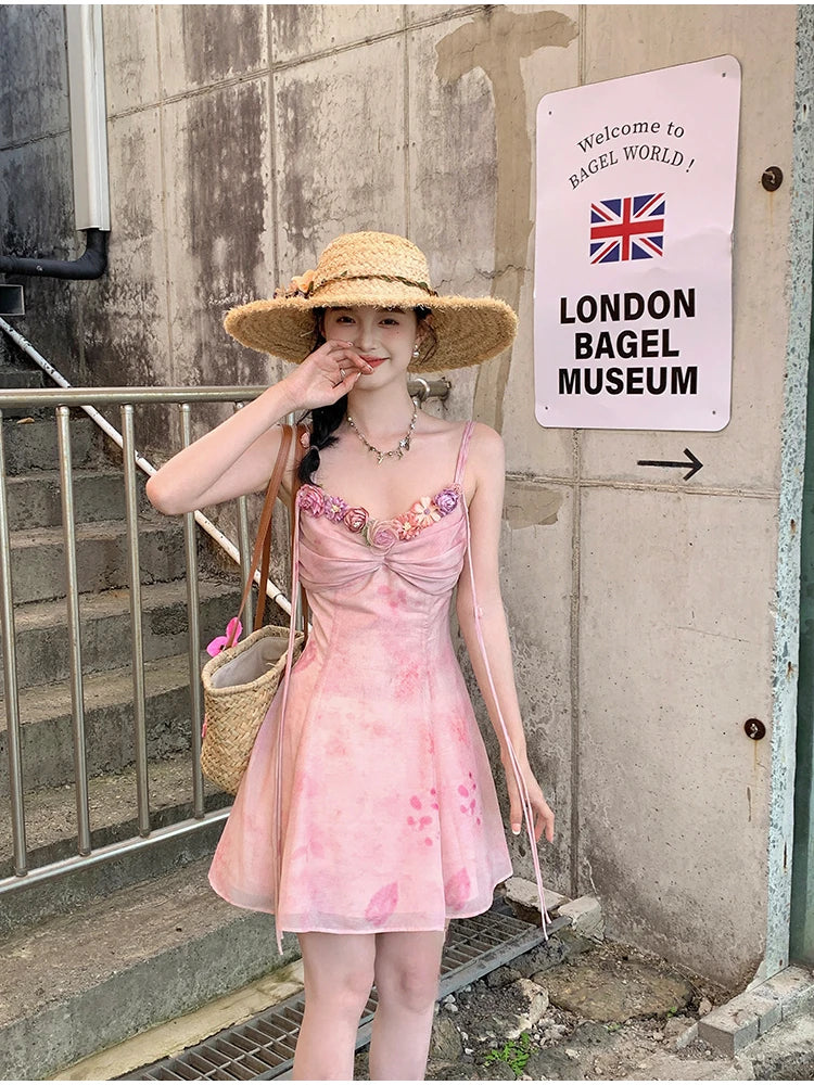 French Retro Chiffon Midi Dress Light Pink Printed Sleeveless Dress Beach Summer
