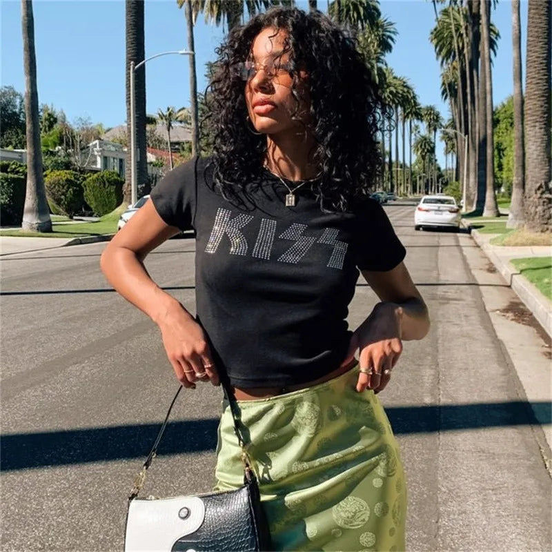 Summer European and American Style Short Sleeved T-shirt With Letter Hot Diamond Top, T-shirt With Slim Fit Inside for