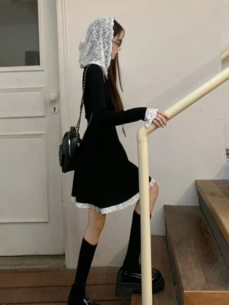 Black Mini Dress for Lace Hooded Long Sleeve Aline Dress French Style Spring Autumn Dress