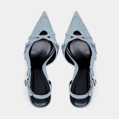 Blue Denim Fabric Slingbacks for Woman Cross Thin Buckle Strap Upper Stiletto Sandals Point Toe Thin Kitten Heel Pump