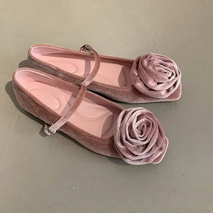 Flock Flowers Flat Shoes for Shallow Dress Shoes Comfort Soft Sole Square Toe Designer Mary Jane Ballet Shoes