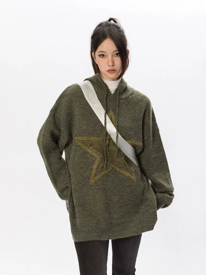 Star Graphic Knitted Hoodie Loose Long Sleeve Sweater Pullover for Autumn Harajuku Tops