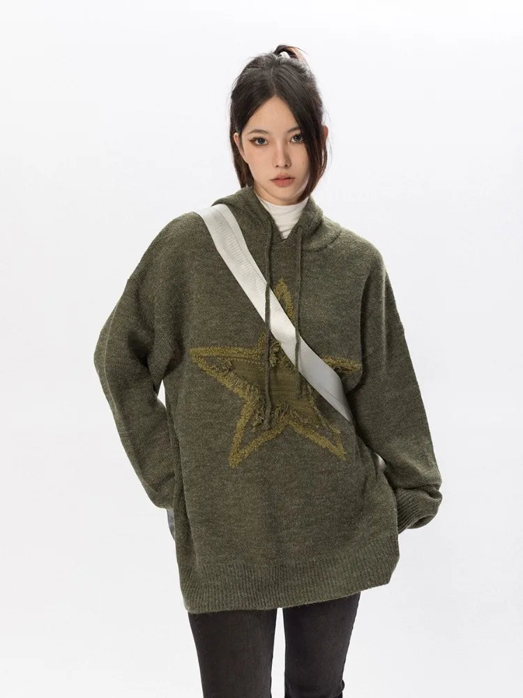 Star Graphic Knitted Hoodie Loose Long Sleeve Sweater Pullover for Autumn Harajuku Tops
