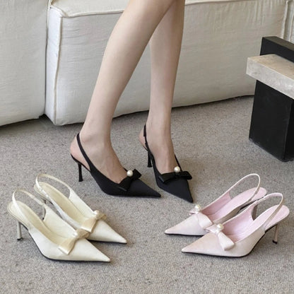 Satin Bow Pumps Pointed Toe Thin Heeled Backless Dress Shoes Brand Designer Shallow Mouth Sandal