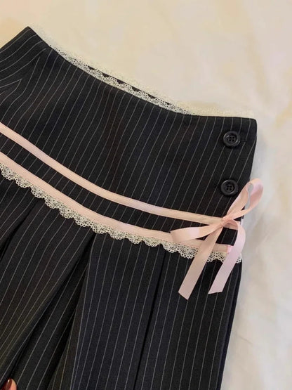 Preppy Style Half Skirt Clothing Highwaisted Aline Skirt Bow Stripes Contrast Color Pleated Skirts