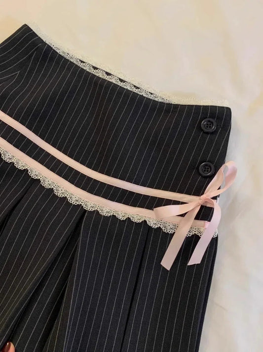 Preppy Style Half Skirt Clothing Highwaisted Aline Skirt Bow Stripes Contrast Color Pleated Skirts