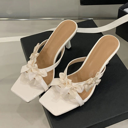 Designer Yellow Silk Flowers Narrow Band Square Toe Mules Low Thin Heels Slippers Gladiator Sandals Summer Shoes
