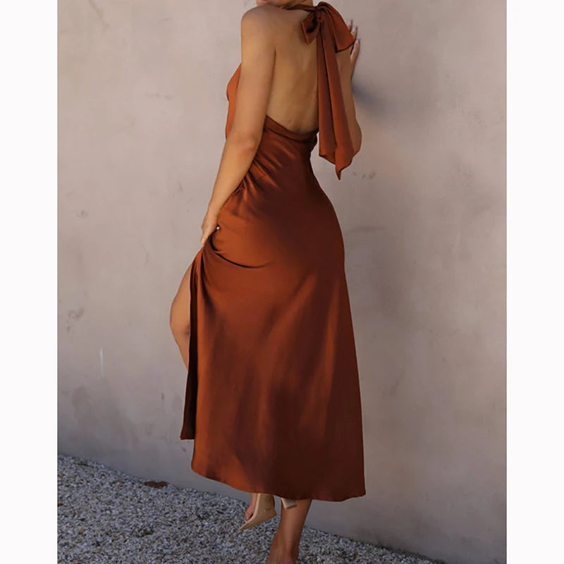 Slim Fit Backless Evening Dress Summer Satin Split Sleeveless Long Dresses Party Halter Dress 28312