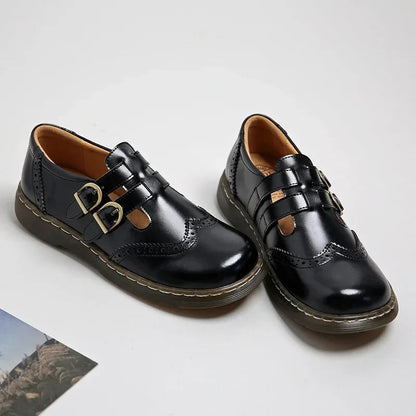 Mary Jane Shoes Summer Thin Section Japanese Double Buckle New Lowcut Flat Round Toe Small Leather Shoes