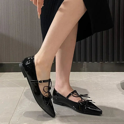 Pointed Toe Metal Buckle Bow T Strap Mary Jane Flats Banquet Dress Design Comfortable Single Shoes