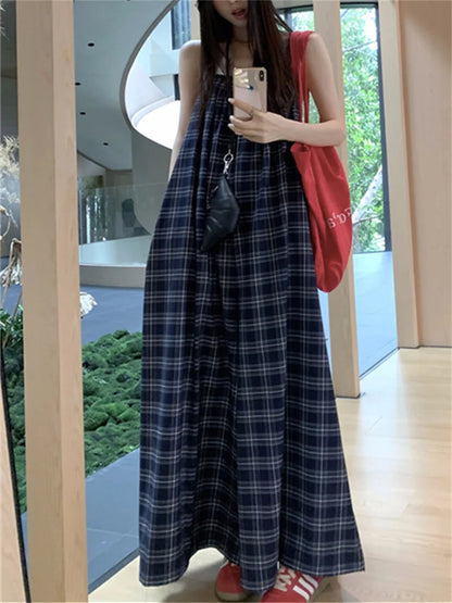 Korea Rompers Summer Plaid New Office Lady High Street Sleeveless Wide Leg Jumpsuits