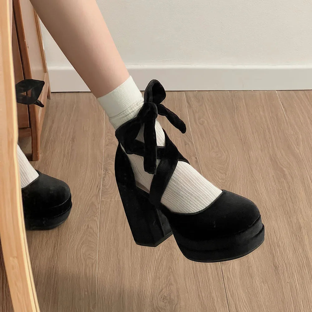 Spring Summer Pumps Double Platform Thick High Heels Velvet Ankle Strap Sweet Pumps Lolita Pink Shoes