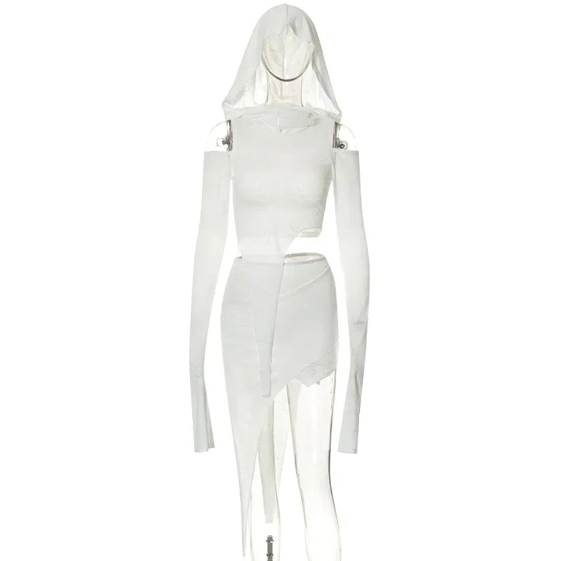 Dulzura Y2k Clothes 2 Pieces Long Sleeve Hoodies Crop Top High Waist Bodycon Irregular Mini Skirts Matching Set Club