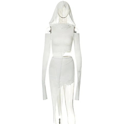 Dulzura Y2k Clothes 2 Pieces Long Sleeve Hoodies Crop Top High Waist Bodycon Irregular Mini Skirts Matching Set Club