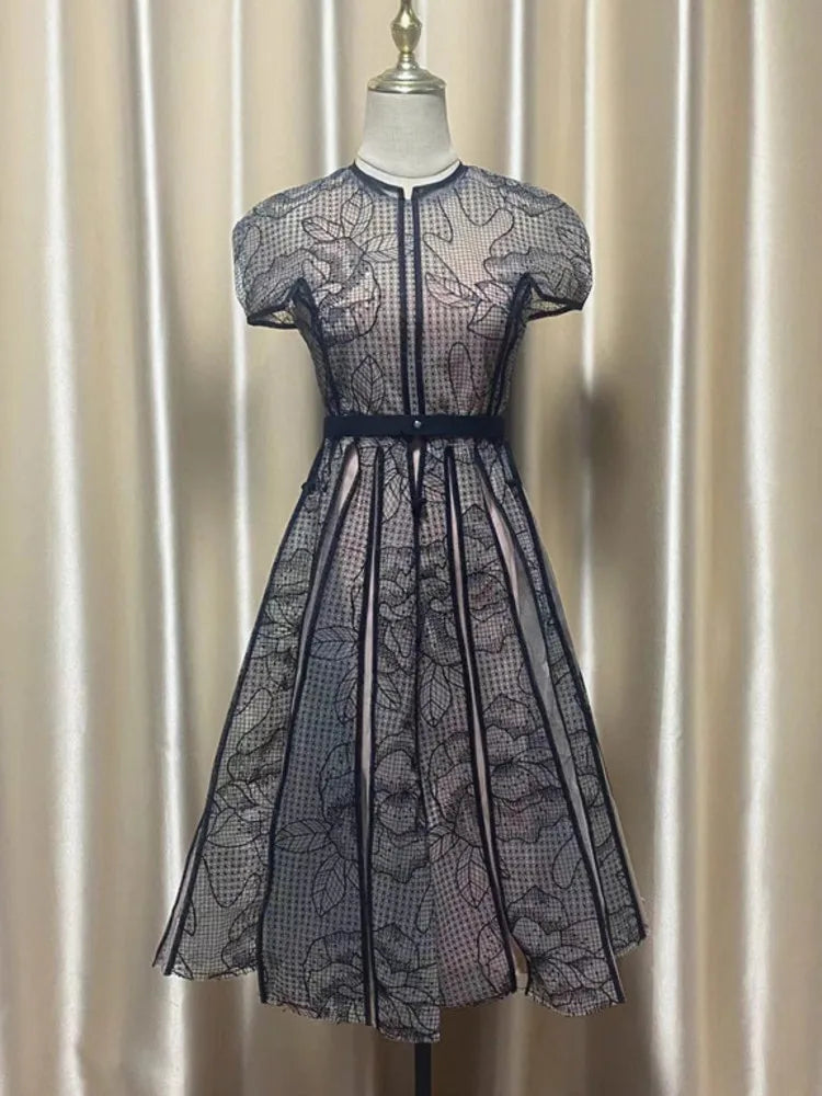 Party Dress O Neck Short Sleeve Lace Mesh Embroidery Long Dresses for Spring Summer 8980