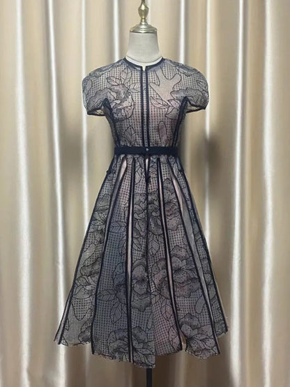 Party Dress O Neck Short Sleeve Lace Mesh Embroidery Long Dresses for Spring Summer 8980