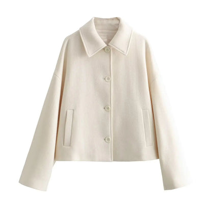 Color Cropped Jacket Woman Spring Turn Down Collar Single Breasted Long Sleeve Coat New Outerwear Tops