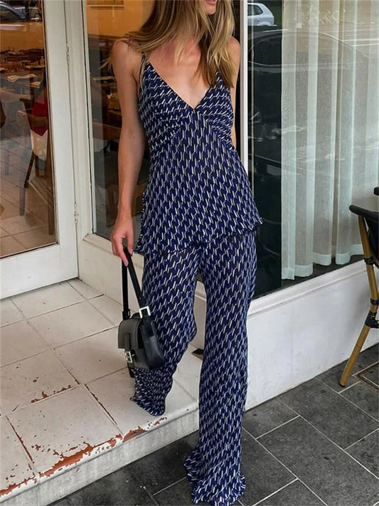 Printed ’s Pants Outfits V-neck Contrast Slim Pullover and Wide Leg Trousers 2 Piece-set Clothes Sets