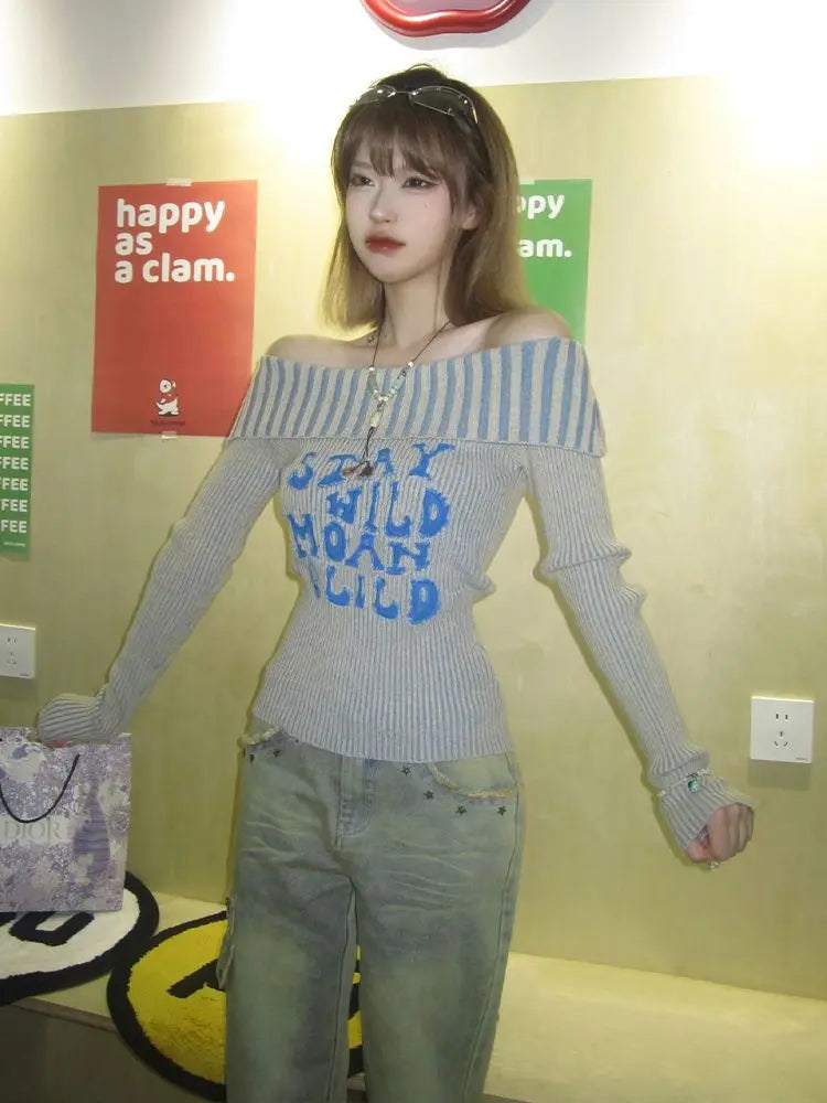Y2k Off Shoulder Sweater Letter Graphic Korean Tops Gothic Grunge Long Sleeve Slim Knitwear Winter Clothes