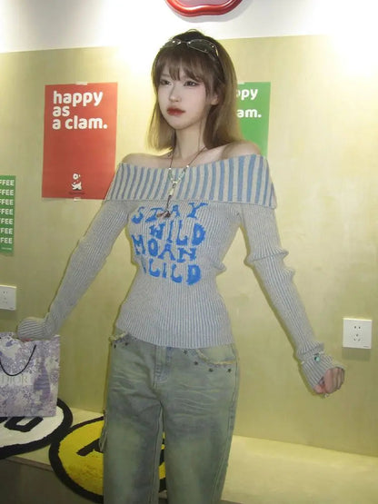 Y2k Off Shoulder Sweater Letter Graphic Korean Tops Gothic Grunge Long Sleeve Slim Knitwear Winter Clothes