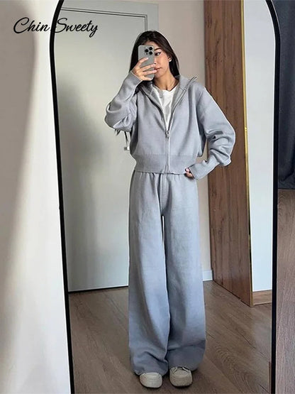 Knitted Pants Sets Stand Collar Zipper Cardigan Loose High Waist Pants Suits Autumn Winter New in Matching Outfits