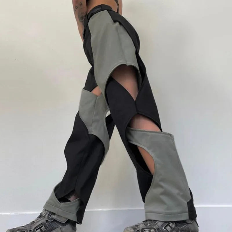 Harajuku Patchwork Hip Hop Cut Out Trousers Contrast Color Design Track Pants Retro Clothing