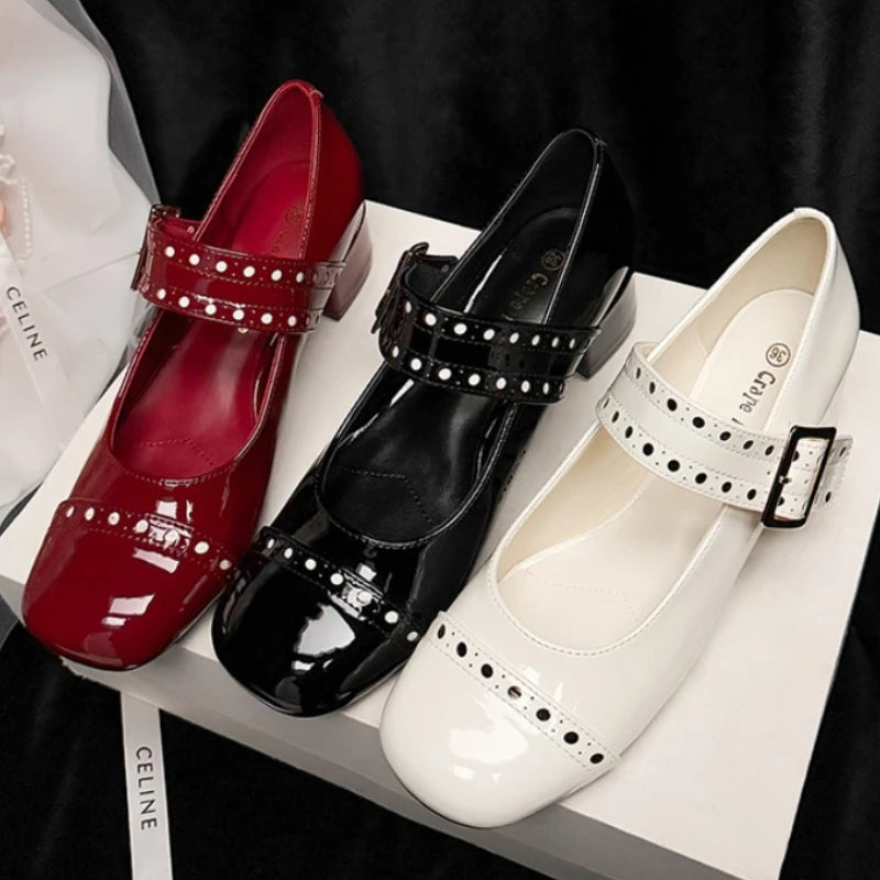 Sweet Patent Leather Buckle Strap Mary Jane Shoes New Round Toe Dress Pumps Shoes Brand Designer High Heels