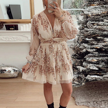 Deep Vneck Layer Christmas Dress Spring Glitter Sequins Shiny Party Dress Autumn Long Sleeve Tunic Aline Mini Dress