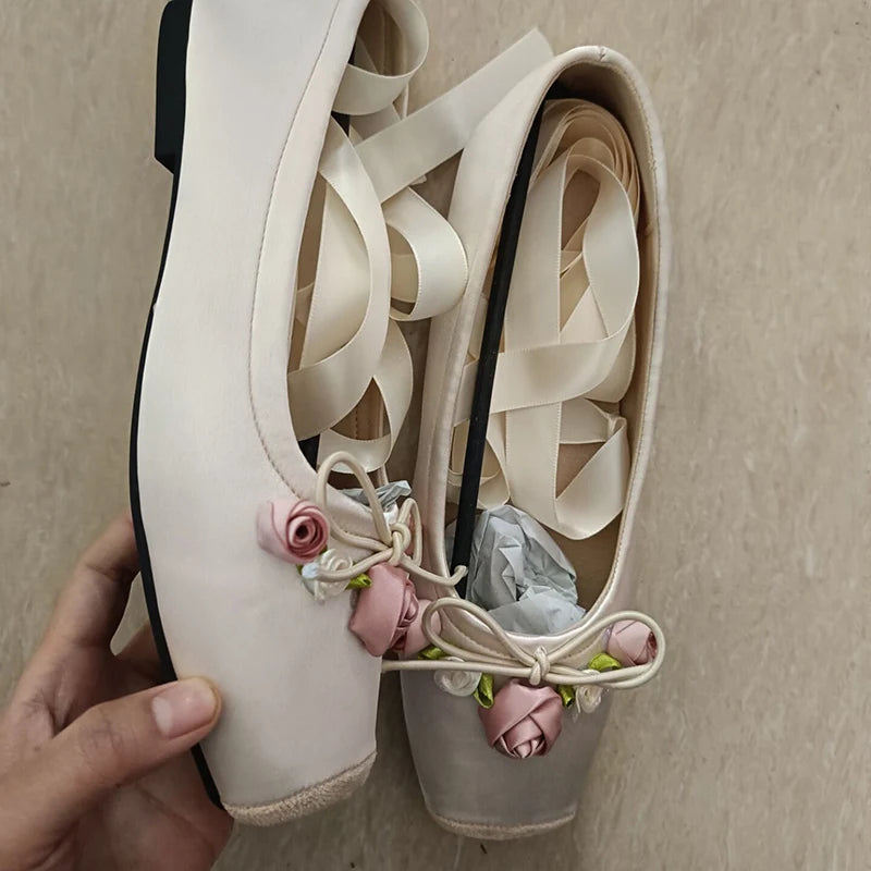Square Toe Silk Pink Ballet Shoes Flower Lace Up Chunky Heel Shoes