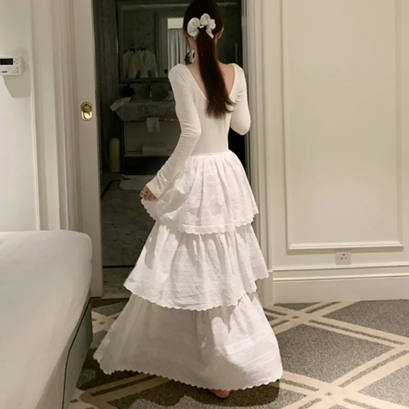 Autumn New Cake Midi Dresses for Long Sleeve U-neck Backless A-line Korean One Piece Vestidos Mujer
