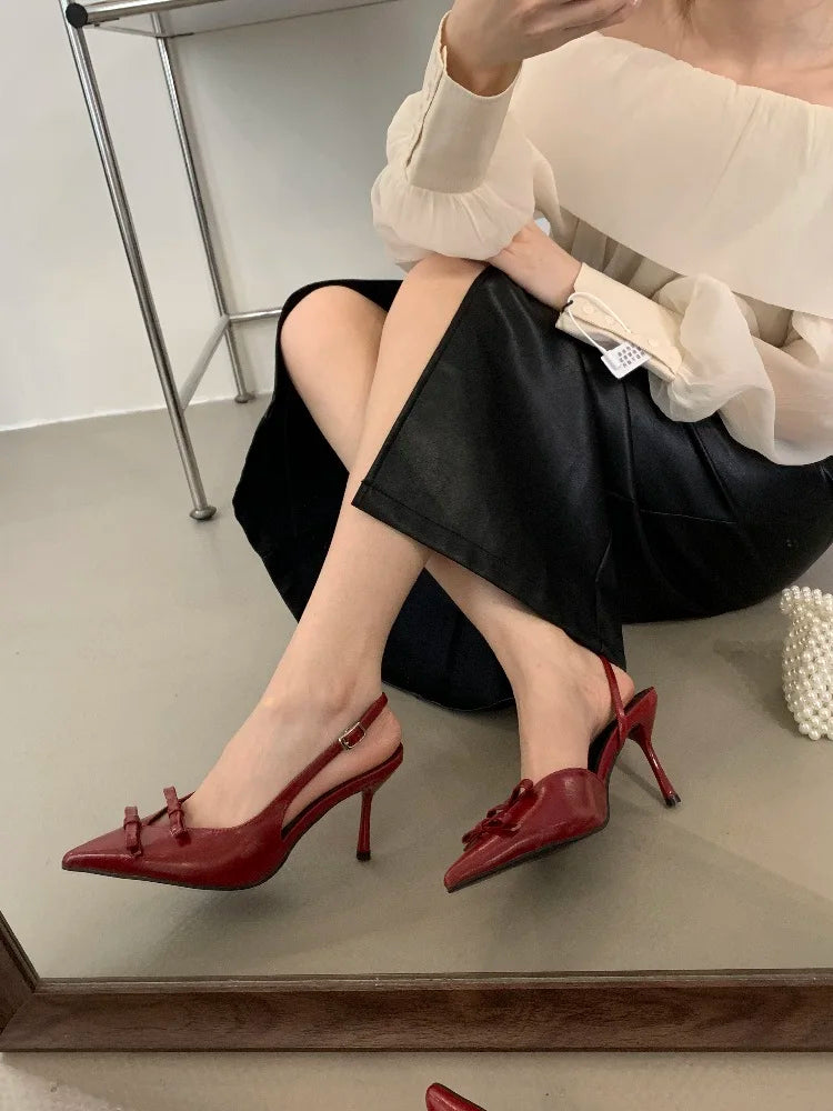Spring Butterflyknot Buckle Strap Pumps Pointed Toe Thin High Heels Party Wedding Shoes