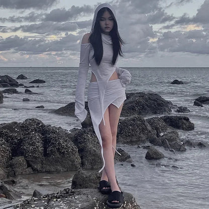 Dulzura Y2k Clothes 2 Pieces Long Sleeve Hoodies Crop Top High Waist Bodycon Irregular Mini Skirts Matching Set Club