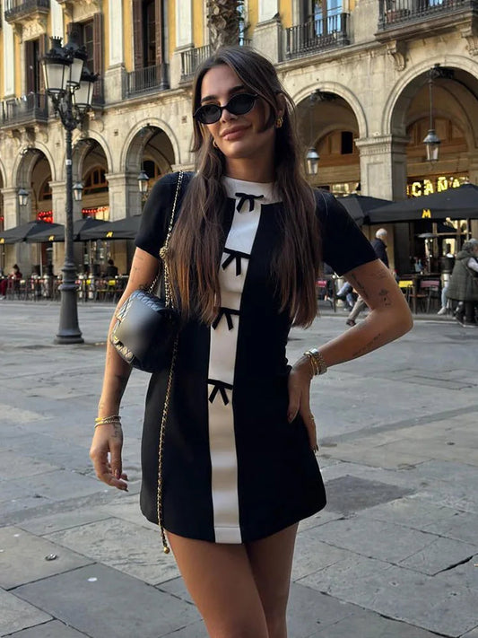 Summer Dresses Woman White Black Oneck Short Sleeves Bow Decorate Zipper Female Mini Dress