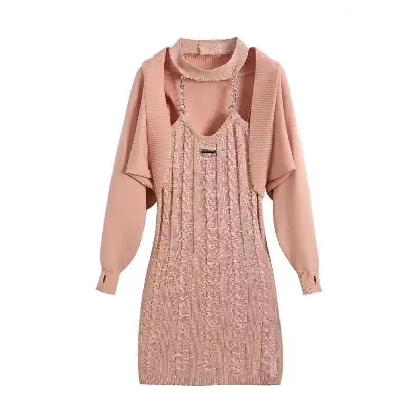 Knitted Twopiece Set Halter Neck Dress Loose Coat New Hot Girl Suspender Short Skirt Korea Japan Style Vestidos