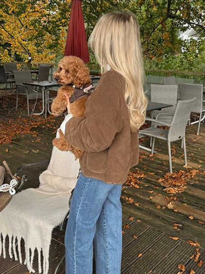 Brown Quilted Padded Suede Coat Long Sleeve Lace Up Cropped Jacket Autumn Winter Lightweight New in Outerwears