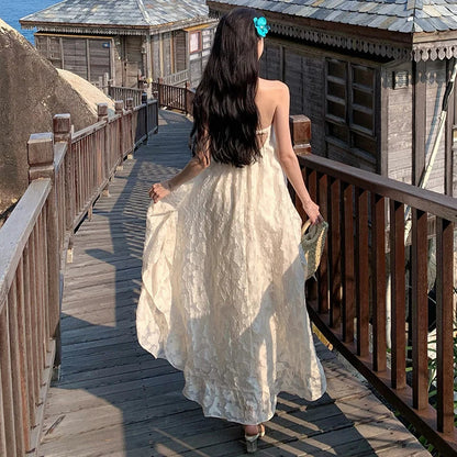 Summer Vestidos Beige Beach Holiday Backless Birthday Party Long Dress Club Halter Bandage Pleated Dress