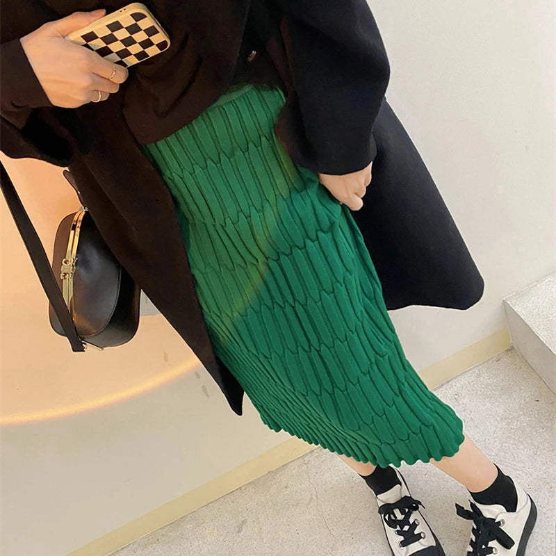 Knit High Waist Patchwork Long Skirt Loose Slim Autumn Knitwear Maxi Skirt