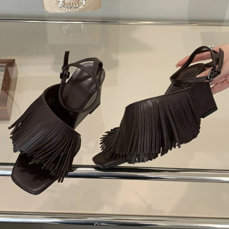 Tassels Designer Wedge Sandals Open Toe Summer New Ankle Strap High Heels Female Dress Shoes Pumps