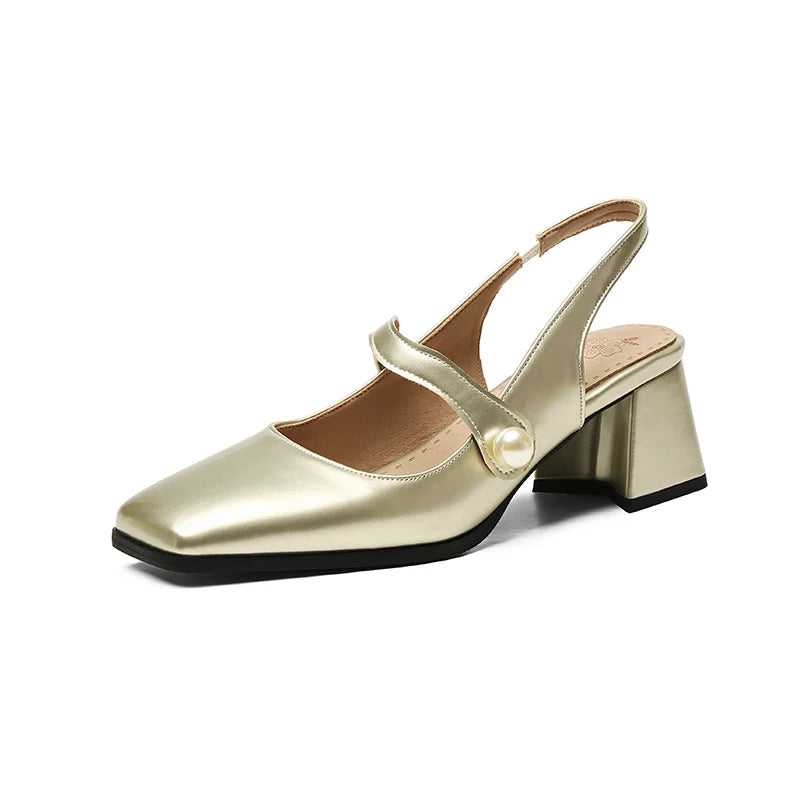 Pumps Slingback Sandals Square Toe Patent Leather Block High Heeled Mary Jane Shoes Gold Silver