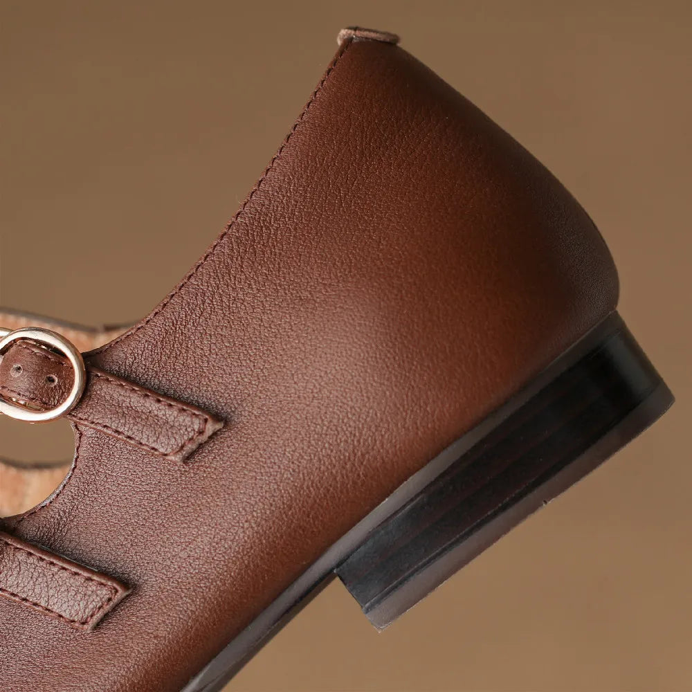 Cow Leather Round Toe Double Metal Buckle Round Toe Mary Jane Flats Leisure Soft Comfortable Ballerinas Shoes Hot