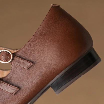 Cow Leather Round Toe Double Metal Buckle Round Toe Mary Jane Flats Leisure Soft Comfortable Ballerinas Shoes Hot