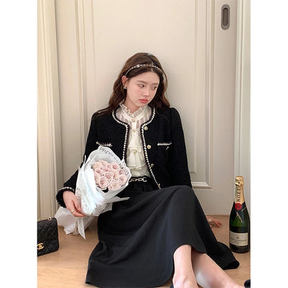 Cropped Tweed Jackets Black Thicken Coat Korean Single Breasted Blazer Warm Short Outerwear Tops