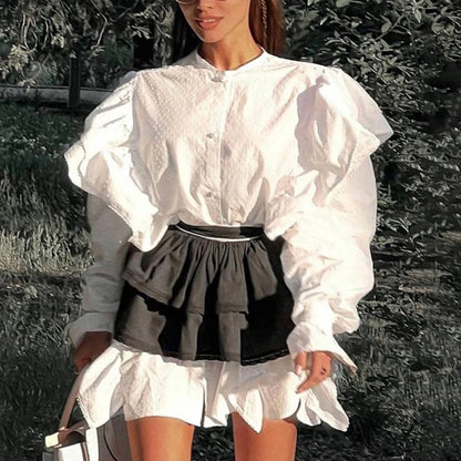 Ruffled Flare Sleeve Shirt Dress for With High Waisted Shorts Contrast Color Patchwork Mini Party Dress Autumn New