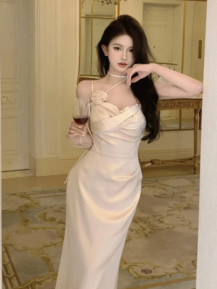 Satin Midi Dress Spaghetti Strap Bodycon 3d Flower High Waist Slim Evening Party One Piece Lady Vestidos