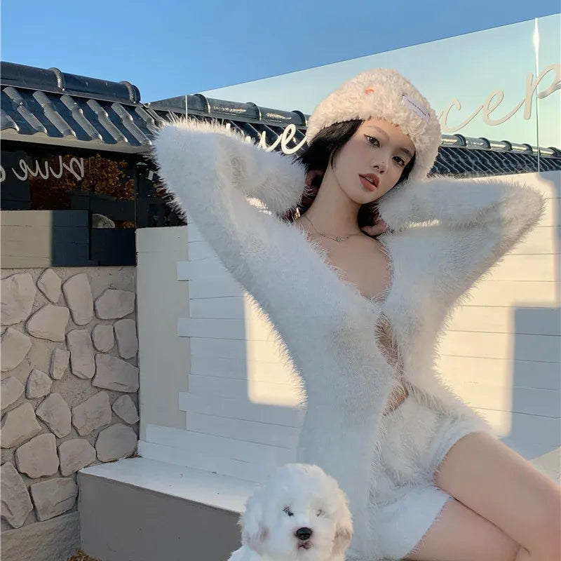 Sweet Hot Girl Pure Suit Autumn Knitted Cardigan High Waisted Slim Fit Shorts Twopiece Set Female Clothes