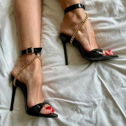 Open Toe Shallow Sandals Gold Chains Decor Straps Ankle Buckle Stiletto Heels Summer Lady Dress Party Shoes Hollow
