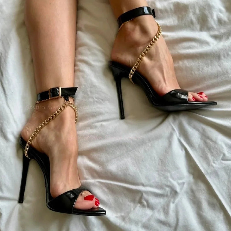 Open Toe Shallow Sandals Gold Chains Decor Straps Ankle Buckle Stiletto Heels Summer Lady Dress Party Shoes Hollow