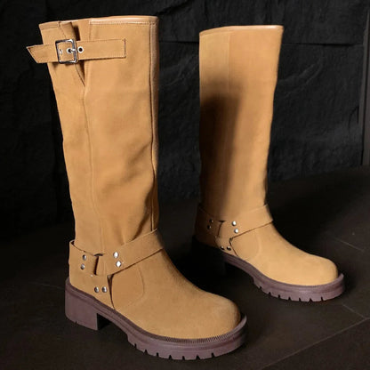 Natural Suede Leather Slipon Autumn Knee High Boots Thick Sole Platform Flats Winter Long Boots Metal Buckle Punk Shoes